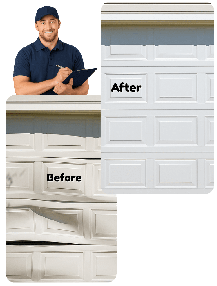 Before and after garage door repair in Spring TX showing fixed panel and restored alignment