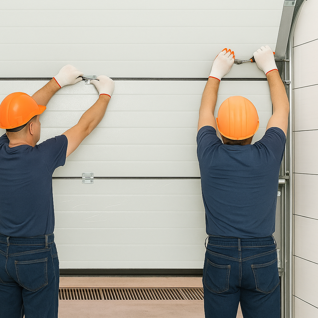 Experienced garage door technician repairing a door in Spring TX