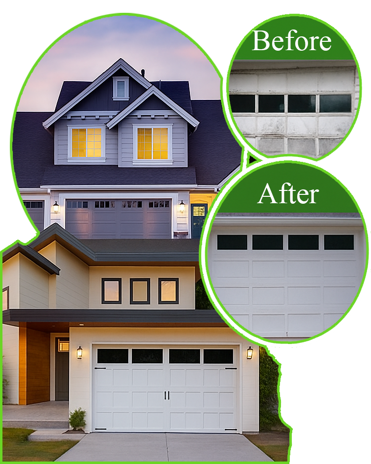 Before and after garage door repair in Spring TX showing fixed panel and restored alignment